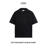 Open Collar Soft Touch Cotton Short Sleeve Shirt - Black