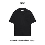 Open Collar Crinkle Short Sleeve Shirt - Black