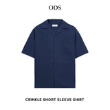 Open Collar Crinkle Short Sleeve Shirt - Navy