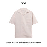 Open Collar Seersucker Stripe Short Sleeve Shirt - Brown