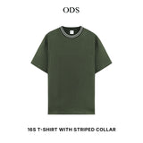 Oversized Heavyweight Cotton 16s T-shirt with Striped Collar - Olive