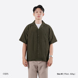 Open Collar Crinkle Short Sleeve Shirt - Olive Green