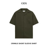 Open Collar Crinkle Short Sleeve Shirt - Olive Green