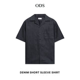 Open Collar Denim Short Sleeve Shirt - Black