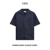 Open Collar Denim Short Sleeve Shirt - Navy