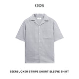 Open Collar Seersucker Stripe Short Sleeve Shirt - Black