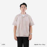 Open Collar Seersucker Stripe Short Sleeve Shirt - Brown