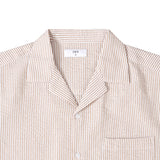 Open Collar Seersucker Stripe Short Sleeve Shirt - Brown