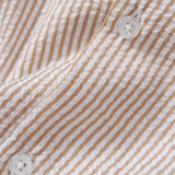 Open Collar Seersucker Stripe Short Sleeve Shirt - Brown