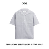 Open Collar Seersucker Stripe Short Sleeve Shirt - Grey