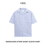 Open Collar Seersucker Stripe Short Sleeve Shirt - Light Blue