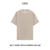 Oversized Heavyweight Cotton 16s T-shirt with Striped Collar - Beige